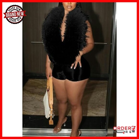 Faux Fur Collar Backless Jumpsuit Sleeveless Halter Shorts Romper - Picture 4 of 6